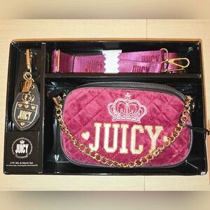 Juicy Couture Pink Velvet Quilted Crossbody Bag with Gold Chain